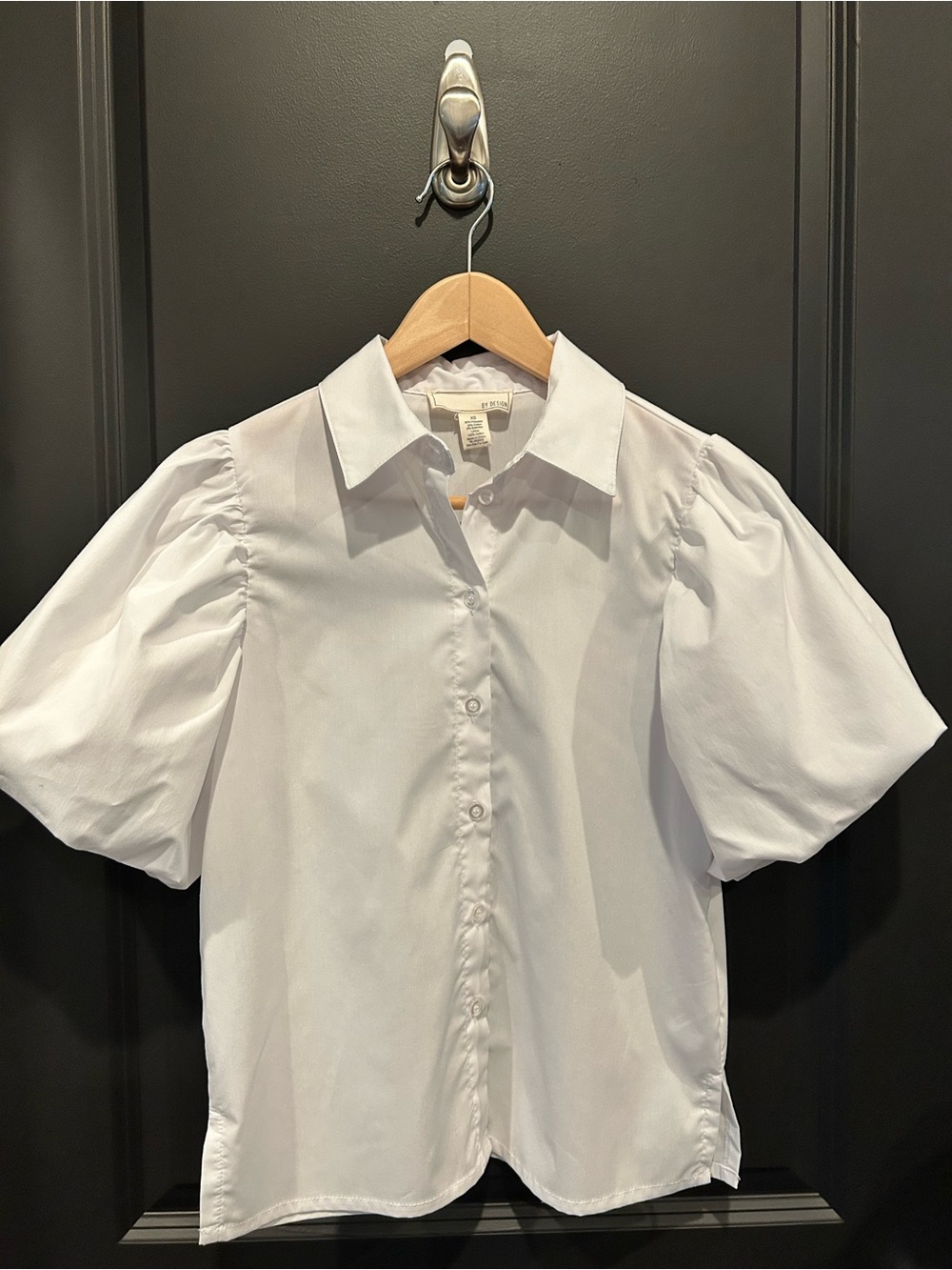 White Puff-Sleeve Button Front Top - Short Sleeve